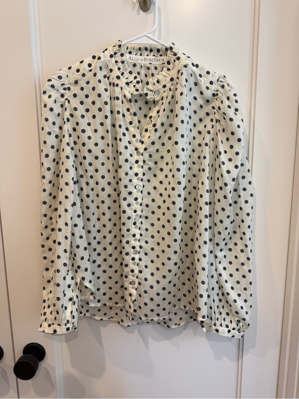 Alix Of Bohemia Cream Blouse with navy Polka Dots